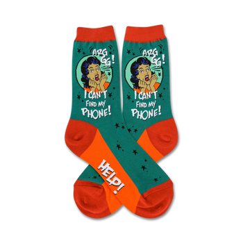 womens funny crew socks, green, orange, and red cartoon drawing of a lady worried about losing phone, text: "arg! i can't find my phone! help!"   