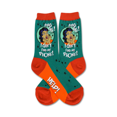 womens funny crew socks, green, orange, and red cartoon drawing of a lady worried about losing phone, text: "arg! i can't find my phone! help!"   