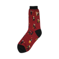 Crew socks in burgundy red with a repeating pattern of black and gold pixel art musicians playing various instruments.