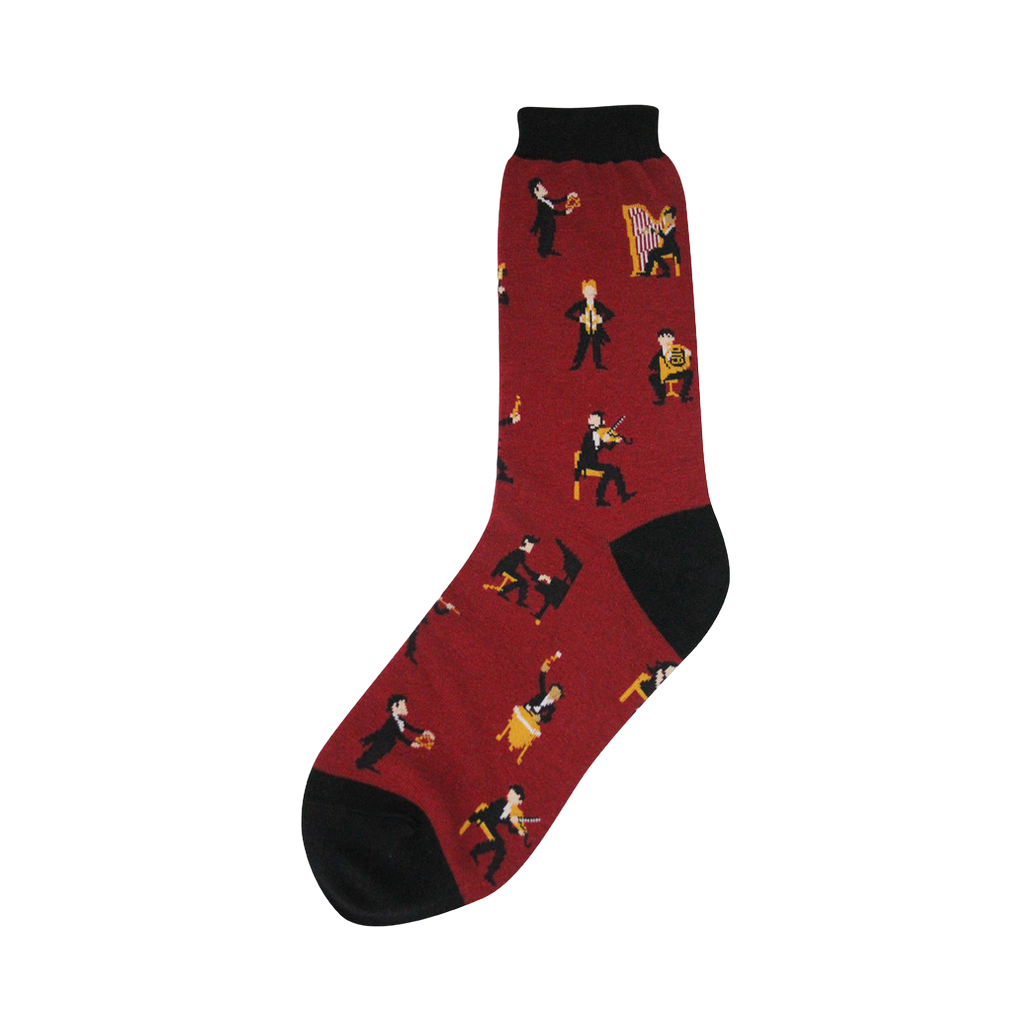 Crew socks in burgundy red with a repeating pattern of black and gold pixel art musicians playing various instruments.
