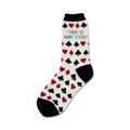 A crew sock with a white background, black and red playing card suit patterns, and black toe and heel.  The sock also features the text: 'I Have So Many Tricks!'