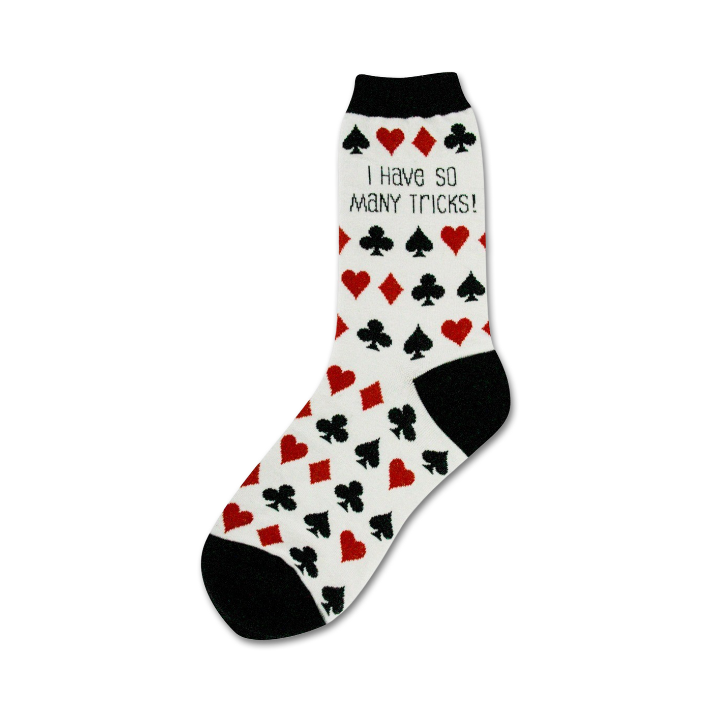 A crew sock with a white background, black and red playing card suit patterns, and black toe and heel.  The sock also features the text: 'I Have So Many Tricks!'