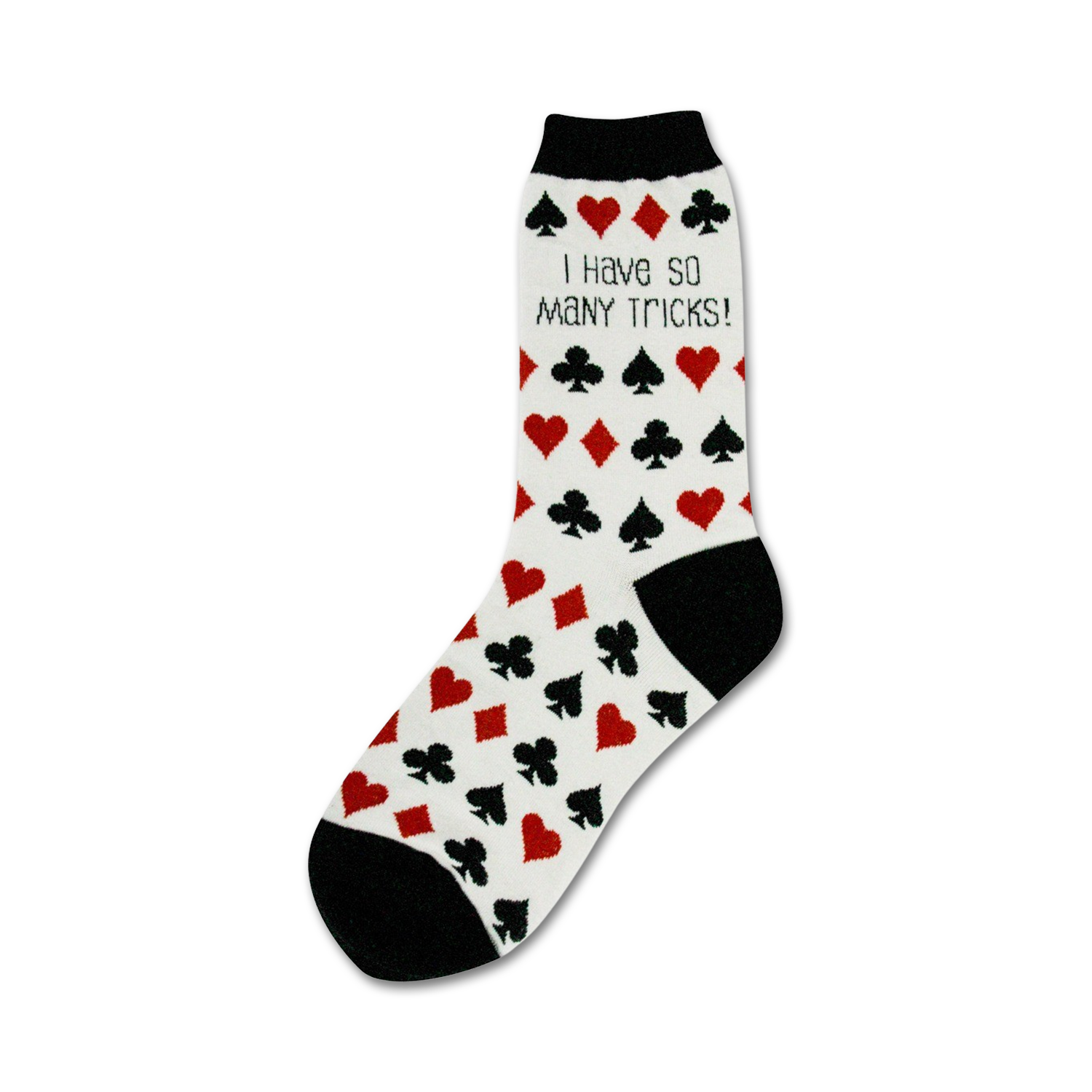 A crew sock with a white background, black and red playing card suit patterns, and black toe and heel.  The sock also features the text: 'I Have So Many Tricks!'