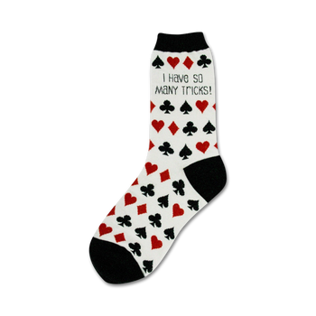 white crew socks with black toe, heel, and top. pattern of red and black card suits with text "i have so many tricks" on top.  