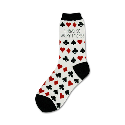 white crew socks with black toe, heel, and top. pattern of red and black card suits with text "i have so many tricks" on top.  