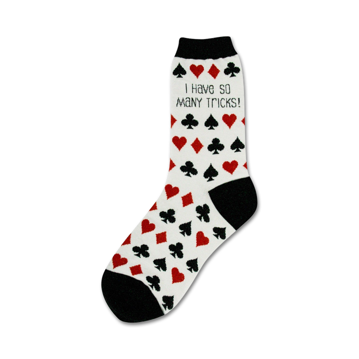 white crew socks with black toe, heel, and top. pattern of red and black card suits with text 