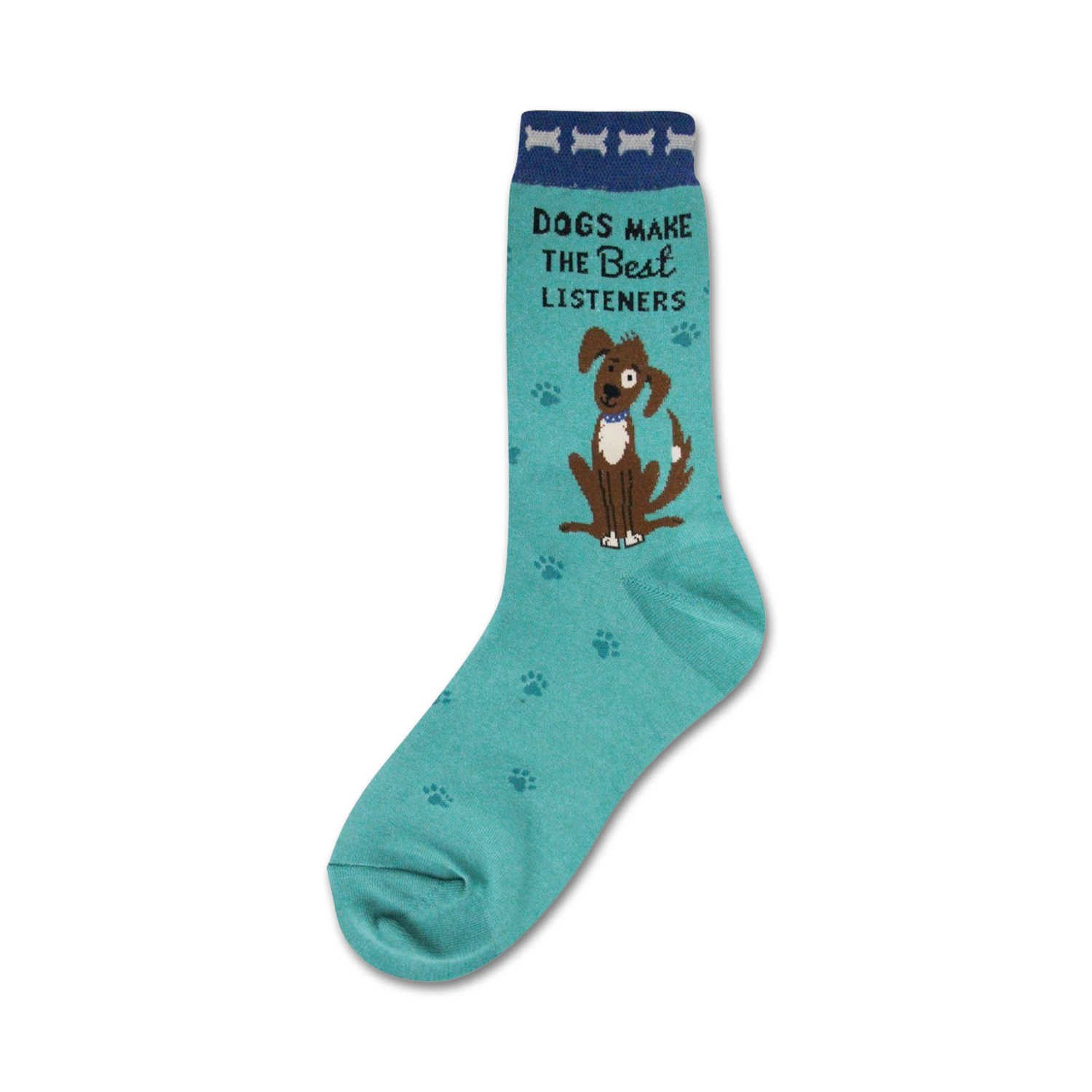 Teal crew socks with a brown dog graphic and the text 'Dogs make the best listeners.' Features small paw print accents.