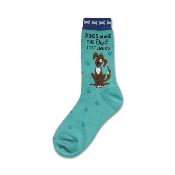 blue crew socks with brown dog paw prints. cartoon dog with cocked head and 