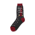 Crew socks in dark gray with maroon accents. Design includes a wine bottle, corkscrew, corks, and the text 'Relax, even wine has to breathe'.
