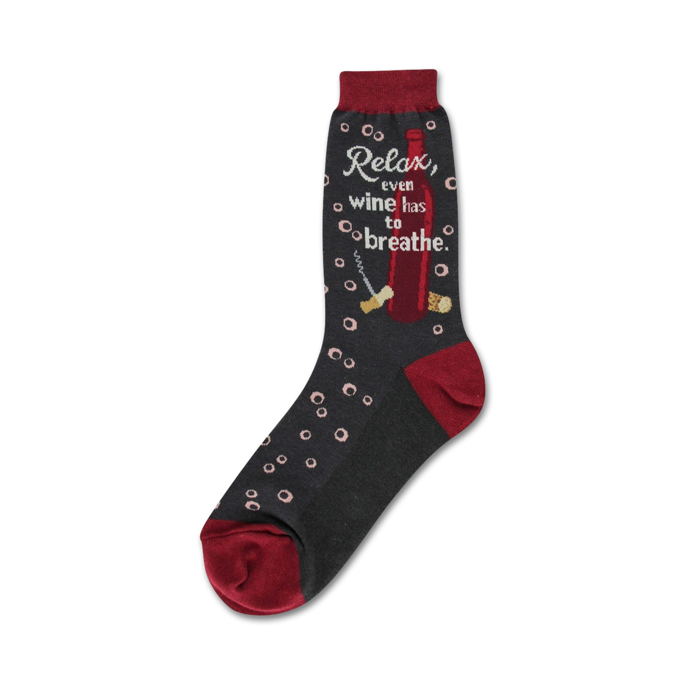 Crew socks in dark gray with maroon accents. Design includes a wine bottle, corkscrew, corks, and the text 'Relax, even wine has to breathe'.