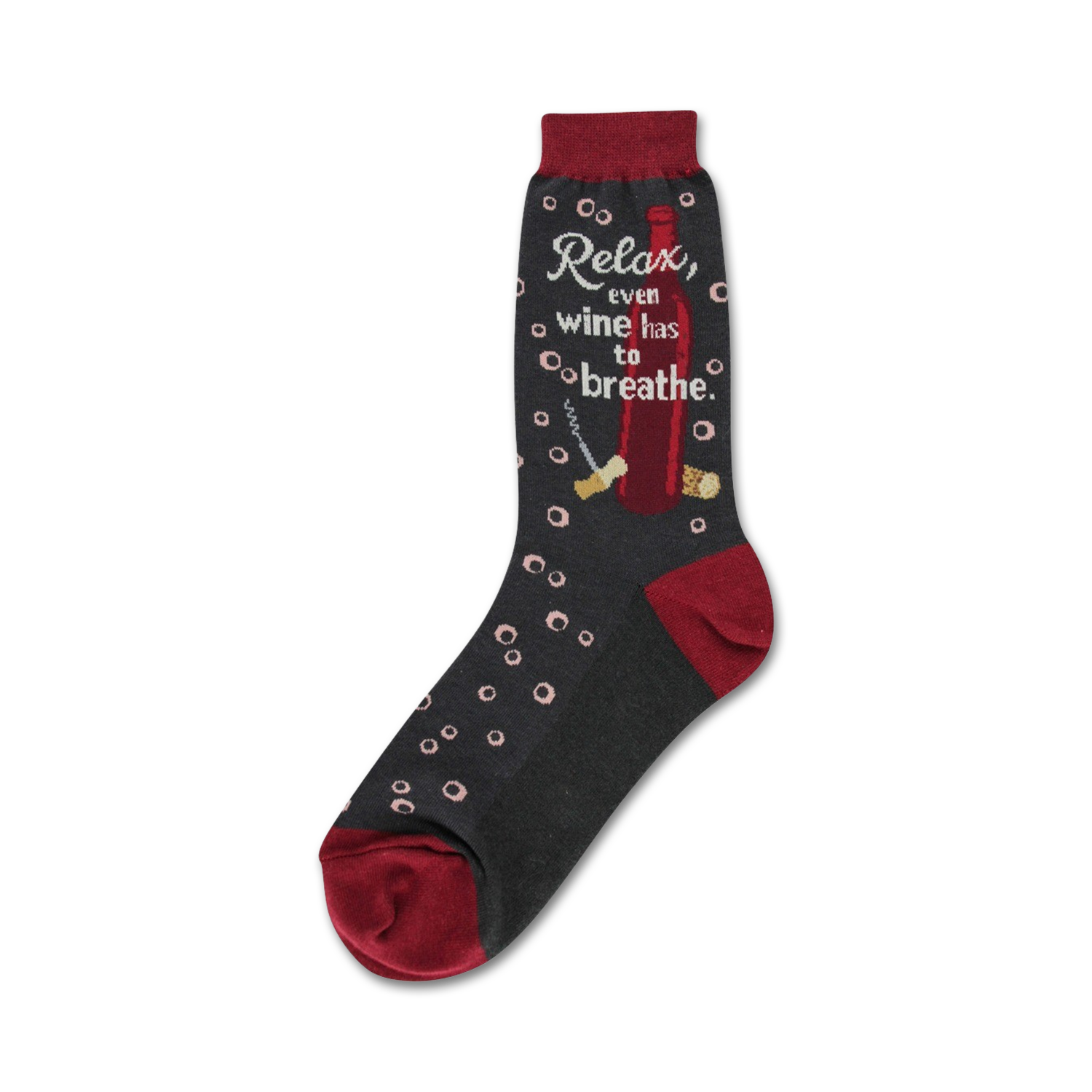 Crew socks in dark gray with maroon accents. Design includes a wine bottle, corkscrew, corks, and the text 'Relax, even wine has to breathe'.