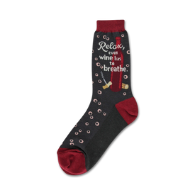 black and red crew socks with a pattern of corkscrews and corks provide a stylish wink to your favorite beverage.    