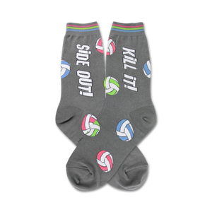  women's novelty crew socks with gray background featuring volleyball pattern and text 