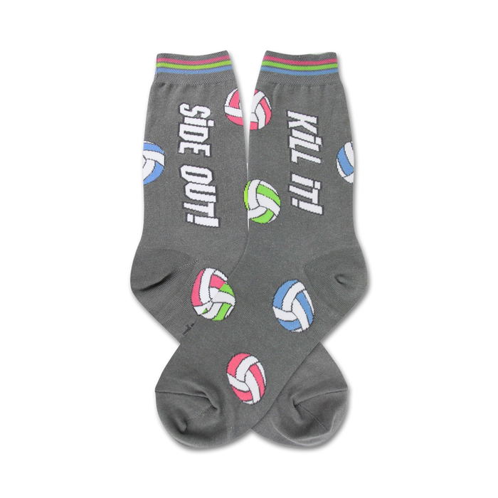  women's novelty crew socks with gray background featuring volleyball pattern and text 