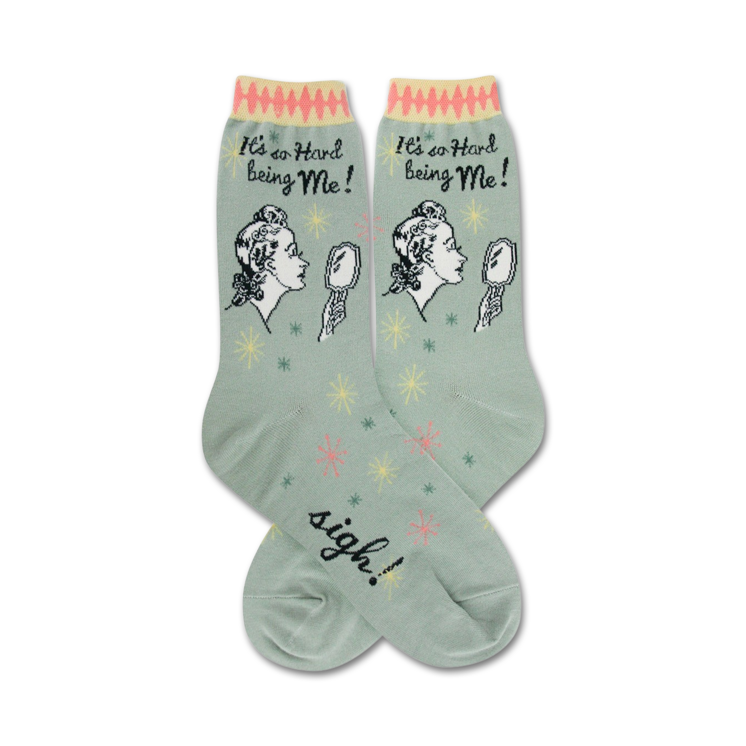 Pair of women's crew socks in sage green.  Features a retro illustration of a woman looking in a mirror and the text 'It's so hard being me!'