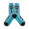 Pair of teal blue and gray striped crew socks.  Each sock features a black trophy graphic with 'Very Ok' or 'Good Enough' and stars.