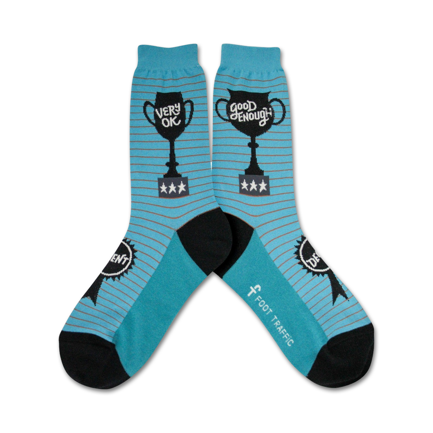 Pair of teal blue and gray striped crew socks.  Each sock features a black trophy graphic with 'Very Ok' or 'Good Enough' and stars.