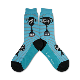 blue crew socks with black toes and heels feature 'very ok' and 'good enough' with asterisks on trophies and 'foot traffic' on the sole.   