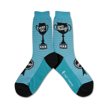 blue crew socks with black toes and heels feature 'very ok' and 'good enough' with asterisks on trophies and 'foot traffic' on the sole.   