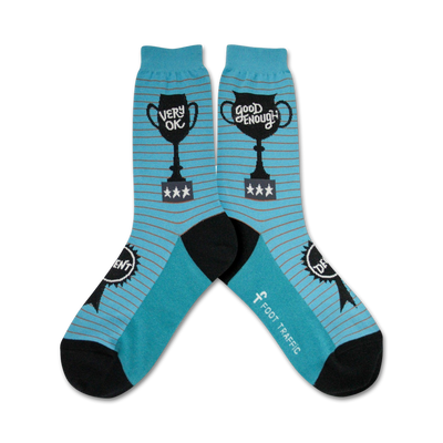 blue crew socks with black toes and heels feature 'very ok' and 'good enough' with asterisks on trophies and 'foot traffic' on the sole.   