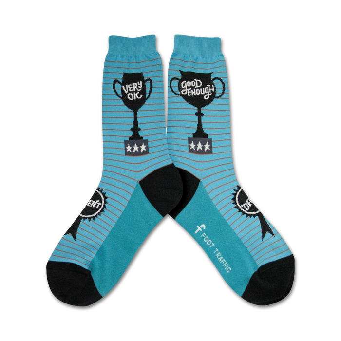 blue crew socks with black toes and heels feature 'very ok' and 'good enough' with asterisks on trophies and 'foot traffic' on the sole.    }}
