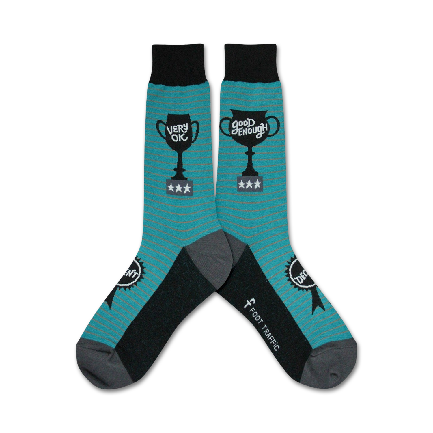 Pair of teal and black crew socks.  One sock reads 'Very OK' and the other 'Good Enough', both displayed on a trophy graphic above three stars.