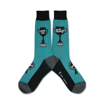 crew socks for men with trophy graphic and "very ok," "good enough," and "decent" text.  