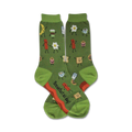 Pair of women's green crew socks. Features a whimsical design of dancing breakfast foods like bacon, eggs, coffee, and toast in red, orange, and white.