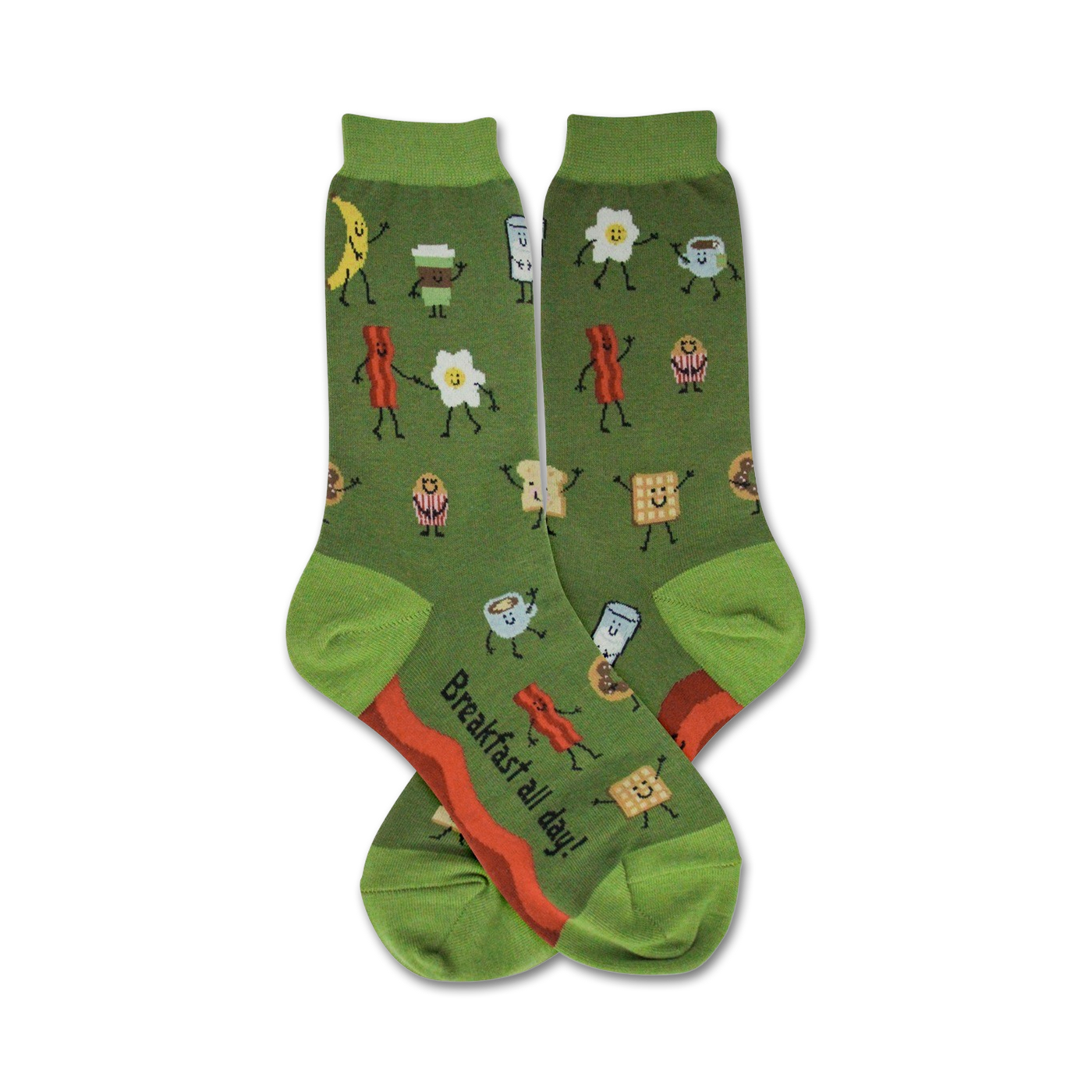 Pair of women's green crew socks. Features a whimsical design of dancing breakfast foods like bacon, eggs, coffee, and toast in red, orange, and white.