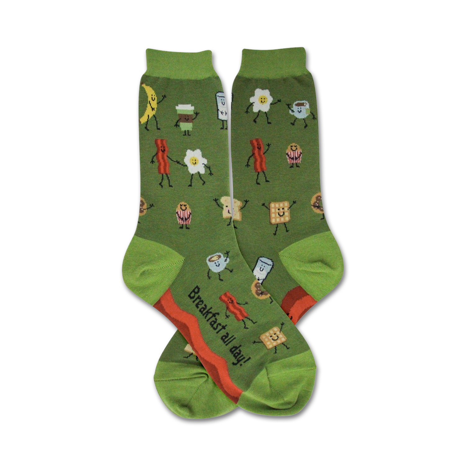 Pair of women's green crew socks. Features a whimsical design of dancing breakfast foods like bacon, eggs, coffee, and toast in red, orange, and white.