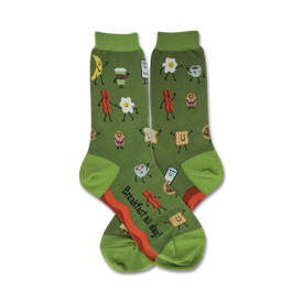 crew length womens socks with a pattern of breakfast items, and the words 'breakfast all day'.  