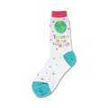 Crew socks in white with teal and pink accents. The design includes notebook lines, colorful stars, a small globe, and the text 'Teachers change the world!'