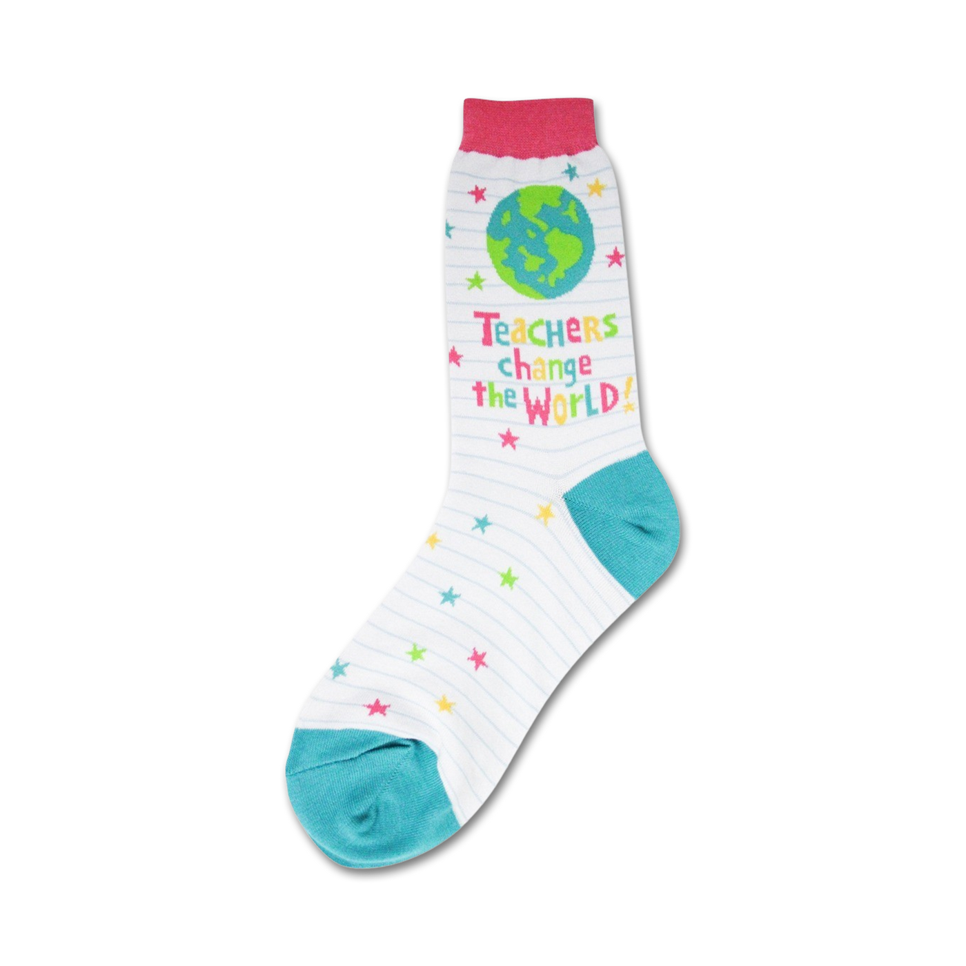 Crew socks in white with teal and pink accents. The design includes notebook lines, colorful stars, a small globe, and the text 'Teachers change the world!'
