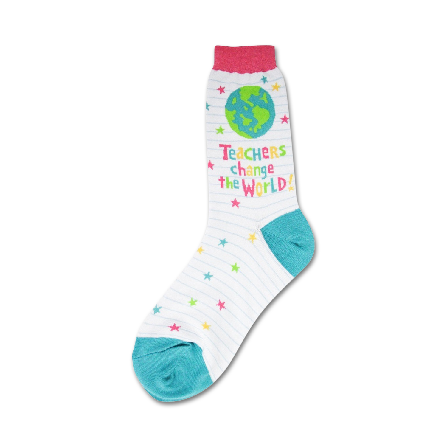 Crew socks in white with teal and pink accents. The design includes notebook lines, colorful stars, a small globe, and the text 'Teachers change the world!'