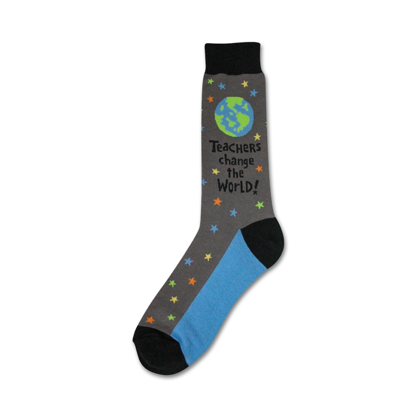 Crew socks in gray and blue.  Design includes a small globe, colorful stars, and the text 'Teachers change the world!'