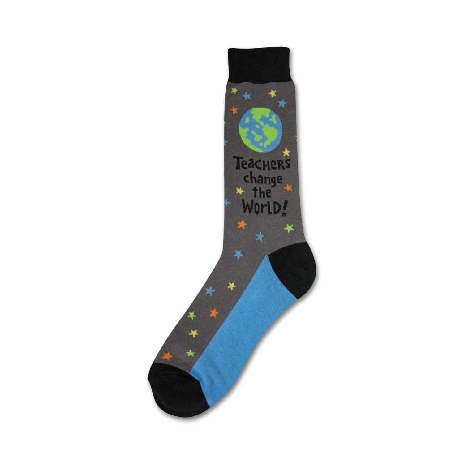 Crew socks in gray and blue.  Design includes a small globe, colorful stars, and the text 'Teachers change the world!'