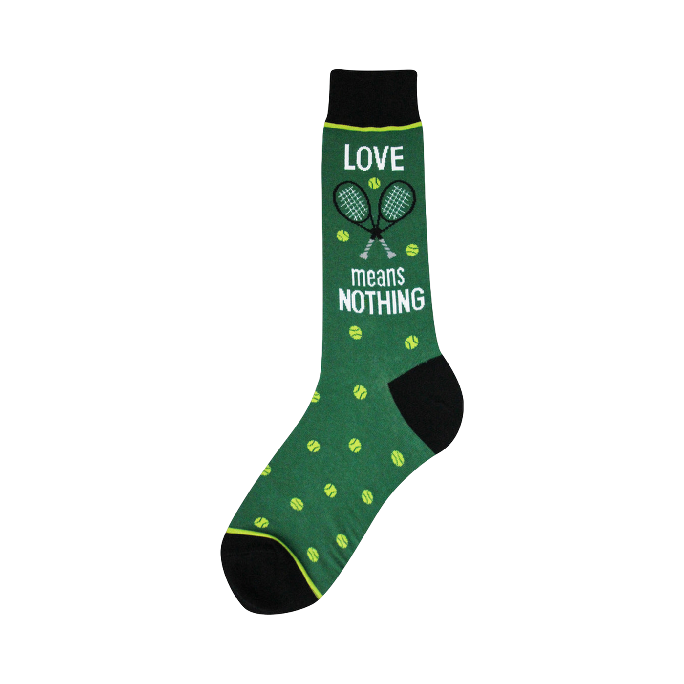 Men's crew socks, dark green with yellow tennis balls and crossed tennis rackets. Text reads 'LOVE means NOTHING'.