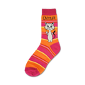 Crew socks in orange and pink horizontal stripes. A cartoon cat giving the middle finger is featured on the sock.