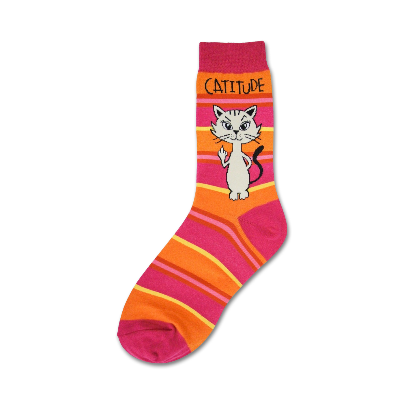 Crew socks in orange and pink horizontal stripes. A cartoon cat giving the middle finger is featured on the sock.