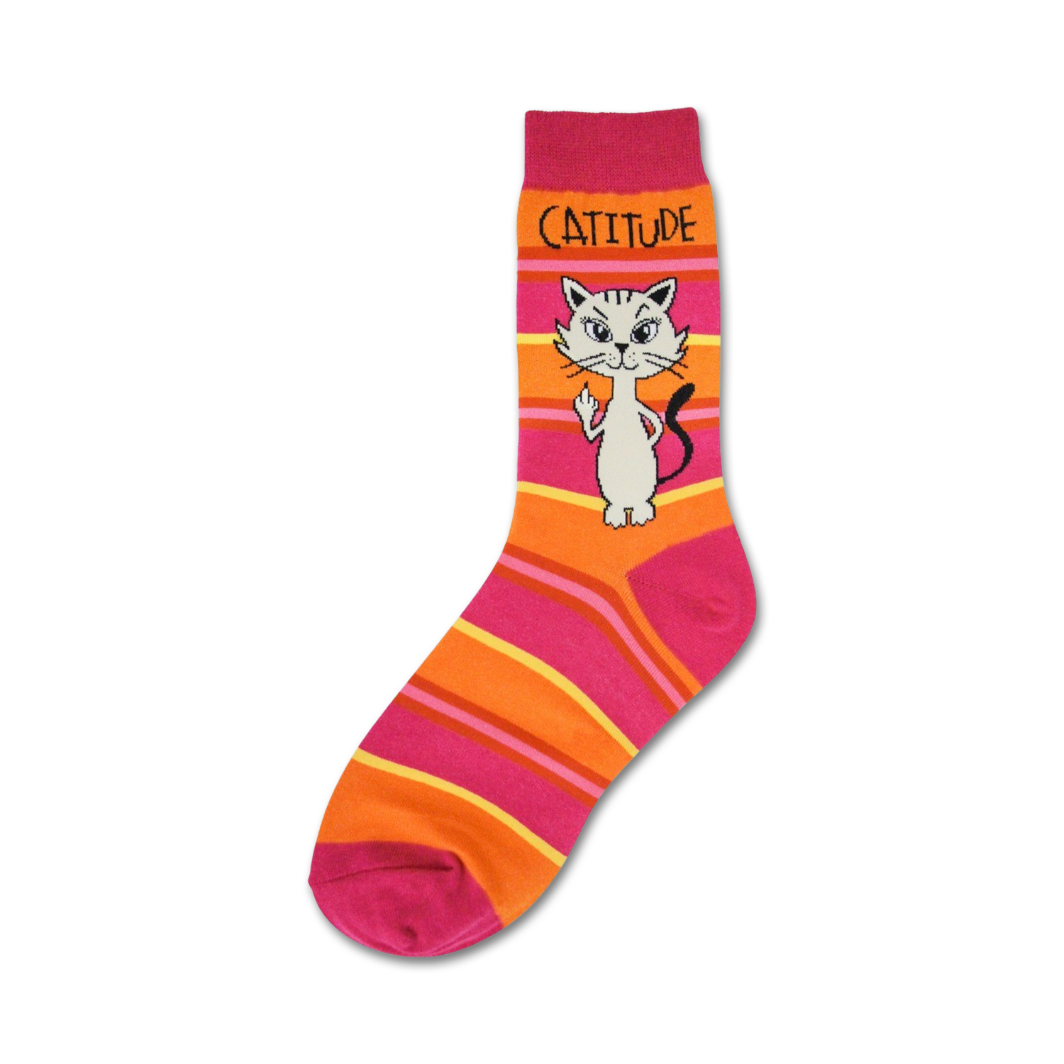 Crew socks in orange and pink horizontal stripes. A cartoon cat giving the middle finger is featured on the sock.
