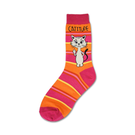pink and orange novelty socks with a cartoon cat giving the finger and the word "cattitude" written on the cuff.  