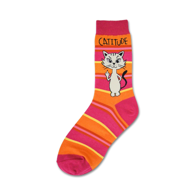 pink and orange novelty socks with a cartoon cat giving the finger and the word "cattitude" written on the cuff.  