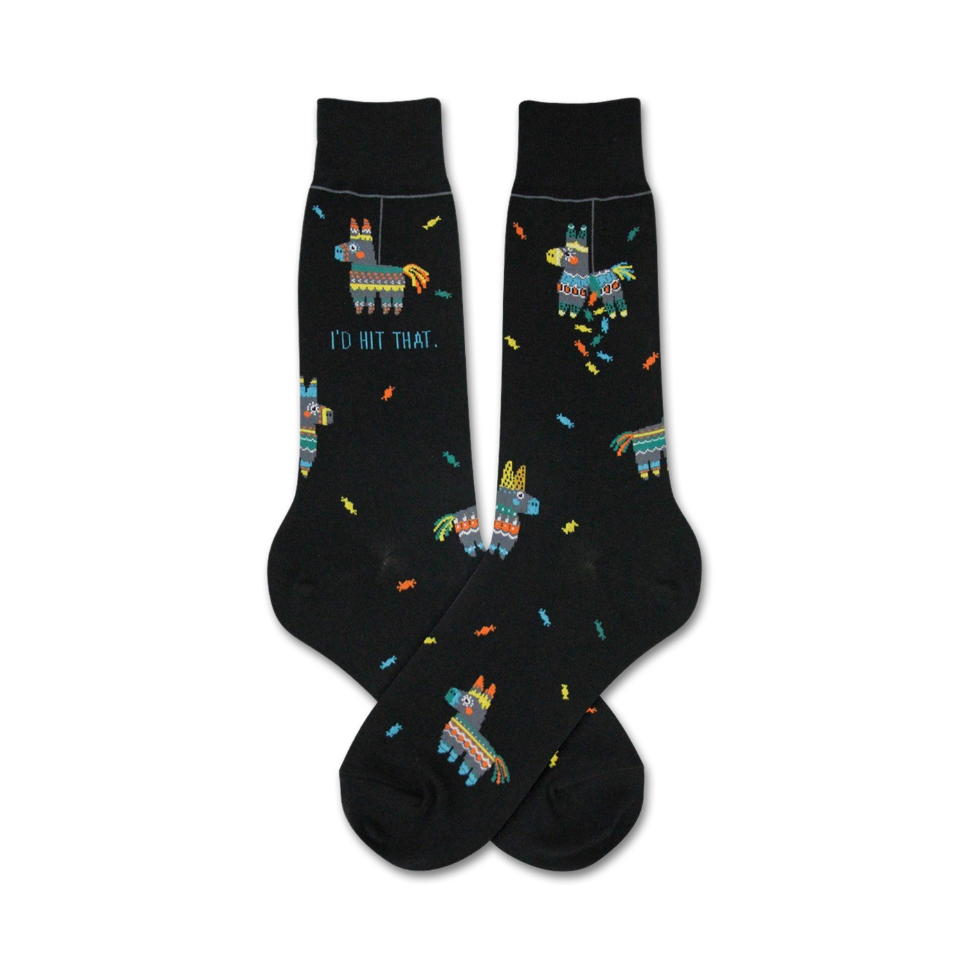 A pair of black crew socks with colorful piñata donkey designs and the text 'I'd Hit That'.