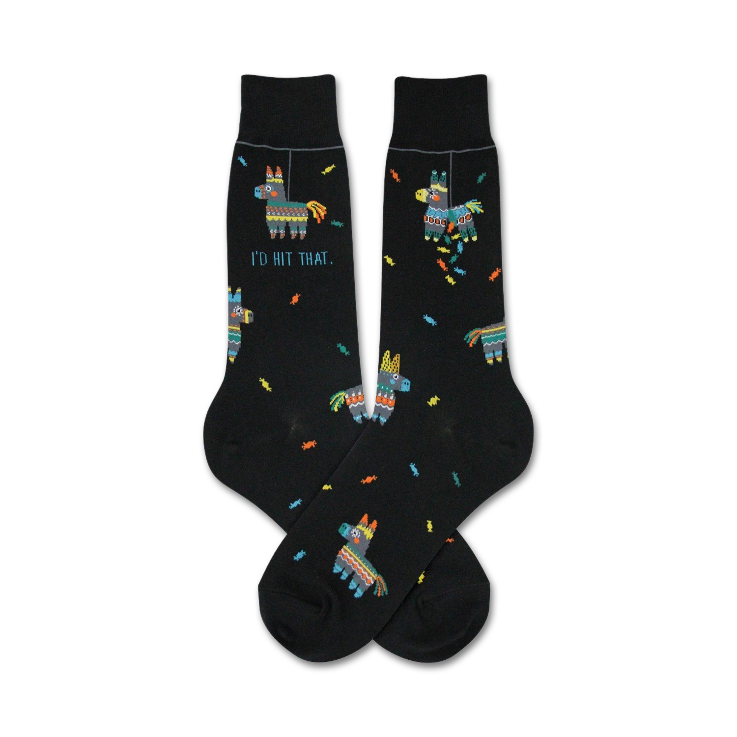 A pair of black crew socks with colorful piñata donkey designs and the text 'I'd Hit That'.