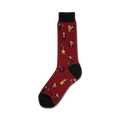 Burgundy crew socks with a pattern of illustrated musicians playing instruments like violins, cellos, and a harp. Black cuff.