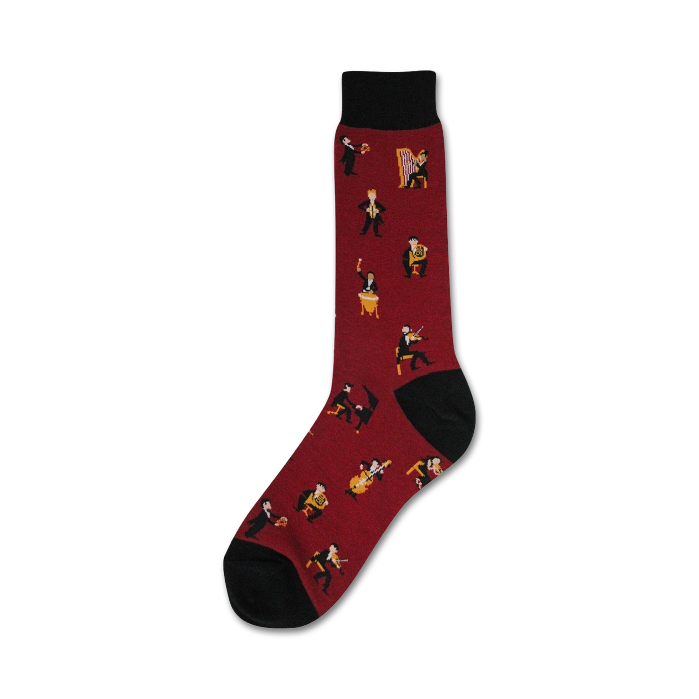 Burgundy crew socks with a pattern of illustrated musicians playing instruments like violins, cellos, and a harp. Black cuff.