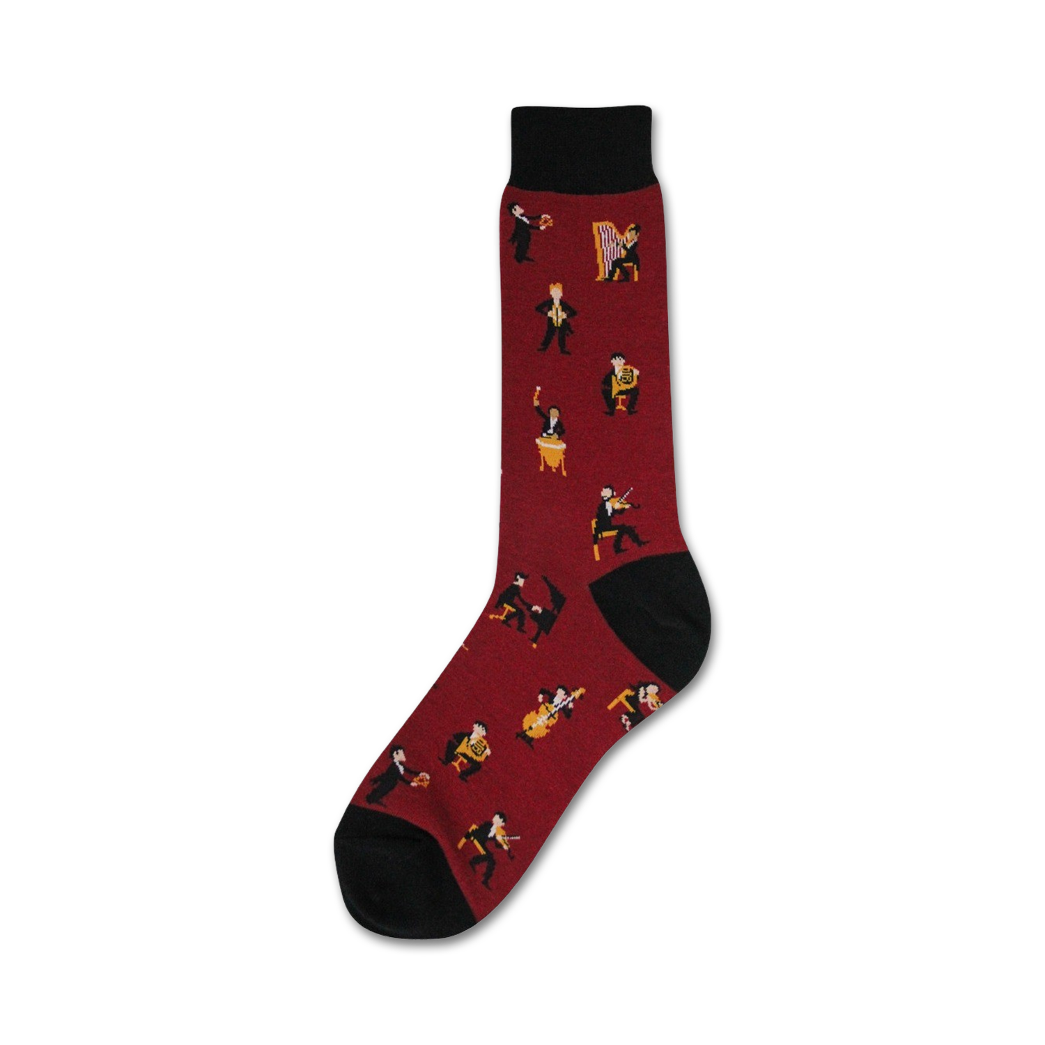 Burgundy crew socks with a pattern of illustrated musicians playing instruments like violins, cellos, and a harp. Black cuff.