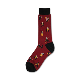 red crew socks with cartoon musicians playing instruments.  