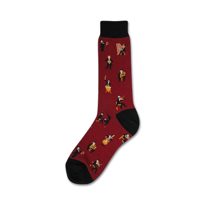 red crew socks with cartoon musicians playing instruments.  