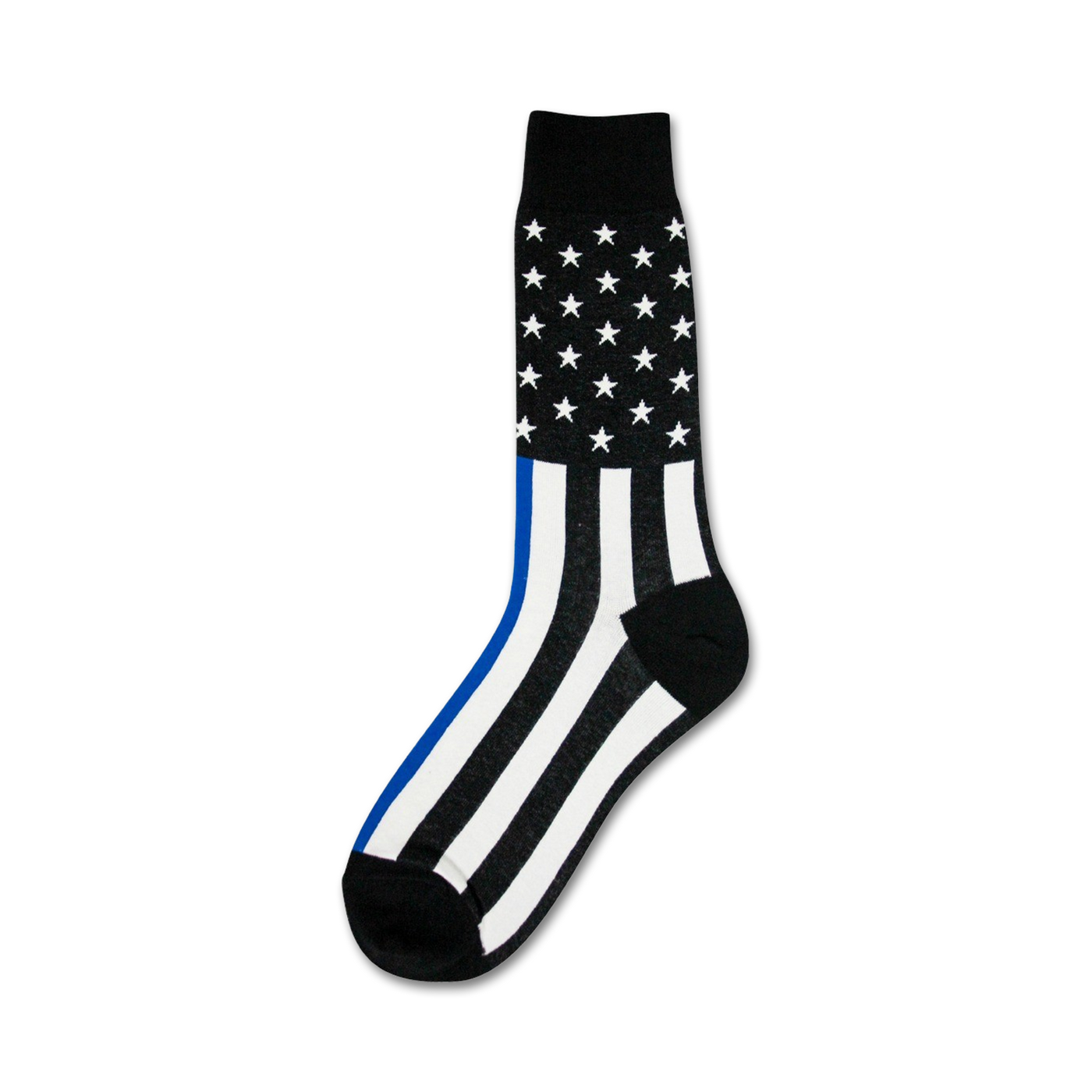 Crew socks in black and white with a thin blue line and an American flag design on the upper part of the sock.